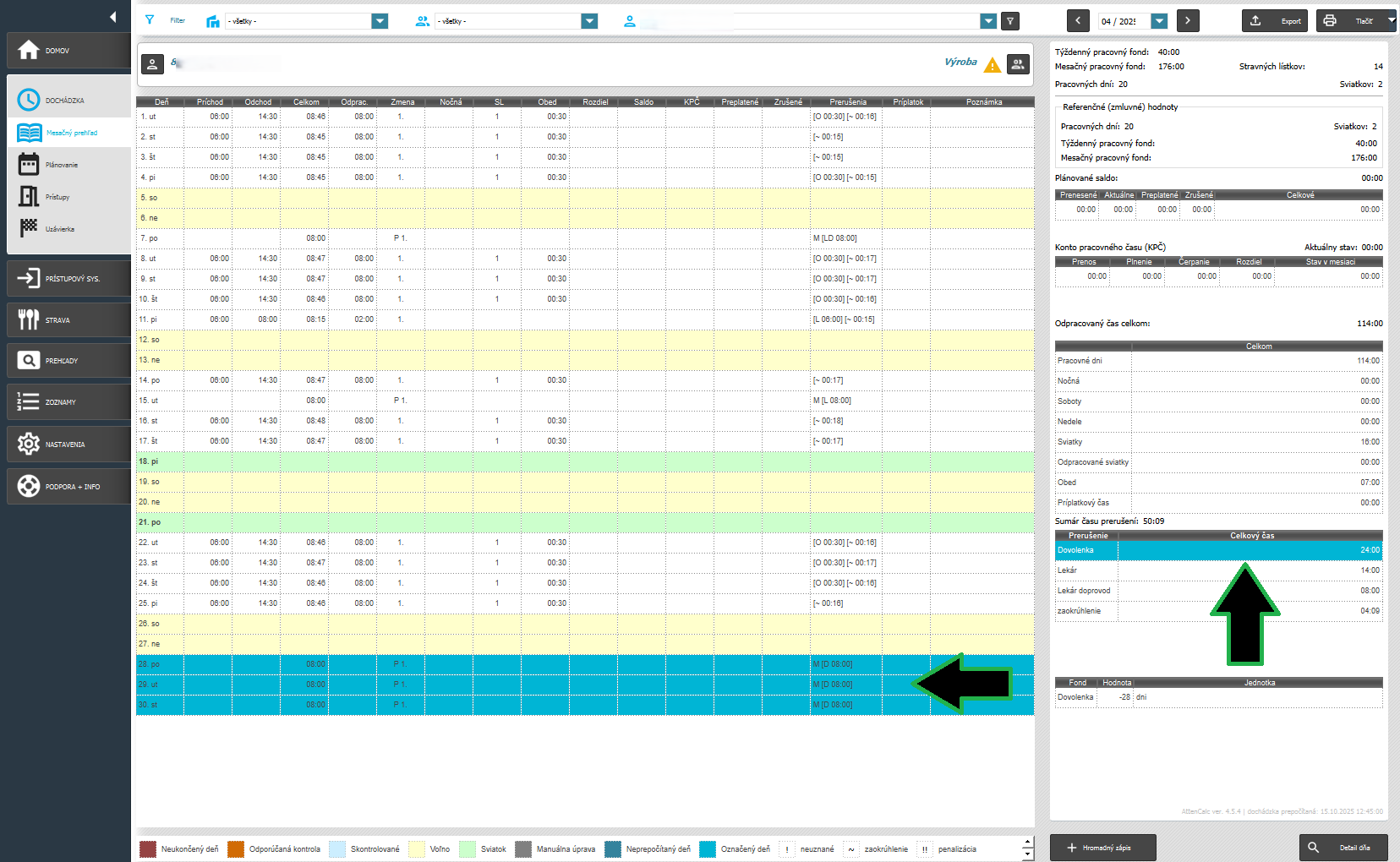 Zobrazenie dovolenky v mesačnom prehľade