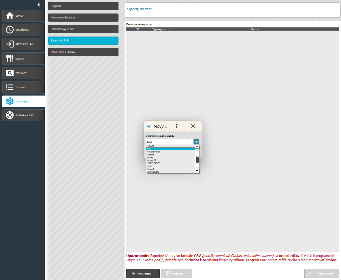 Export do PaM výber