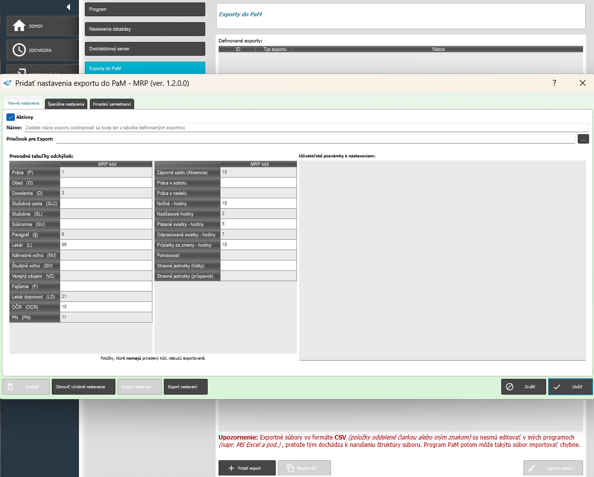 Export do PaM zoznam prerušení do exportu