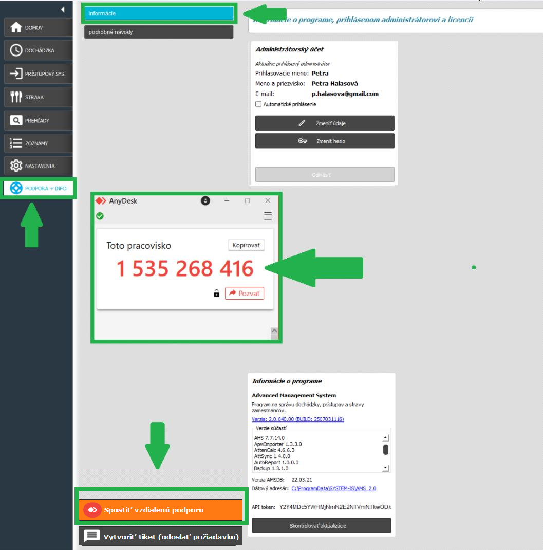 Karta Podpora + info v AMS - Informácie - Spustiť vzdialenú podporu