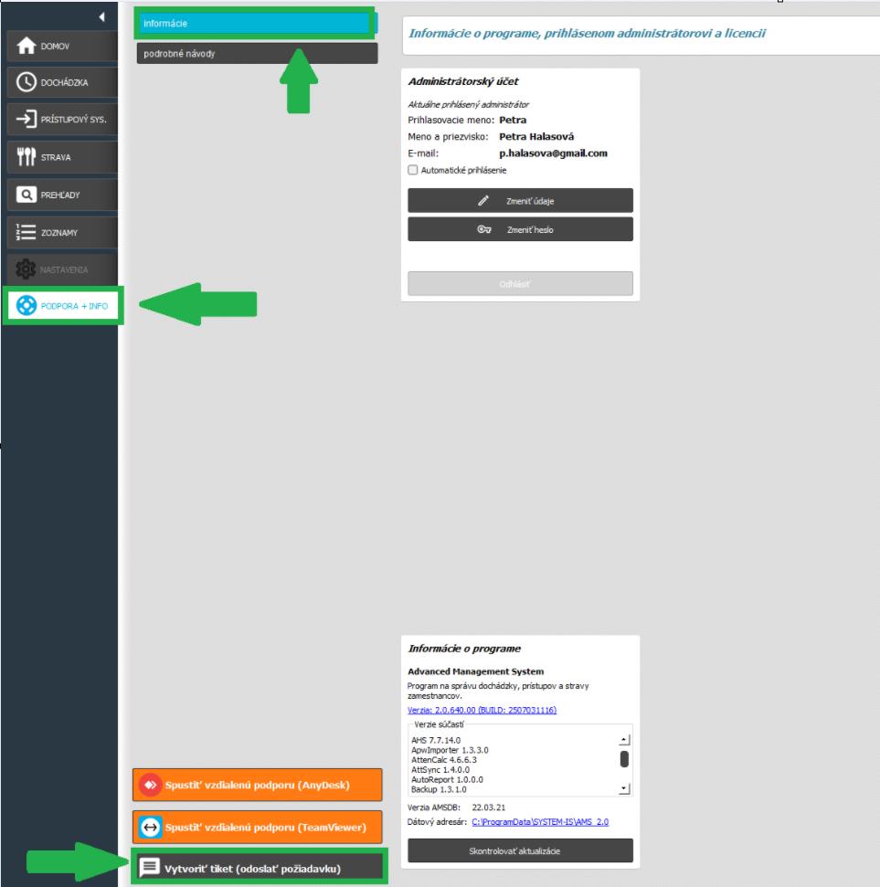 Karta Podpora + info v AMS - vytvorenie tiketu