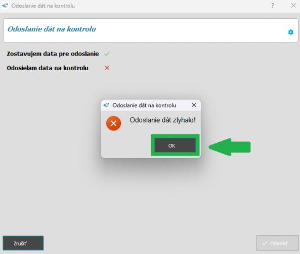 Odoslanie dát na kontrolu - zlyhalo - hlásenie