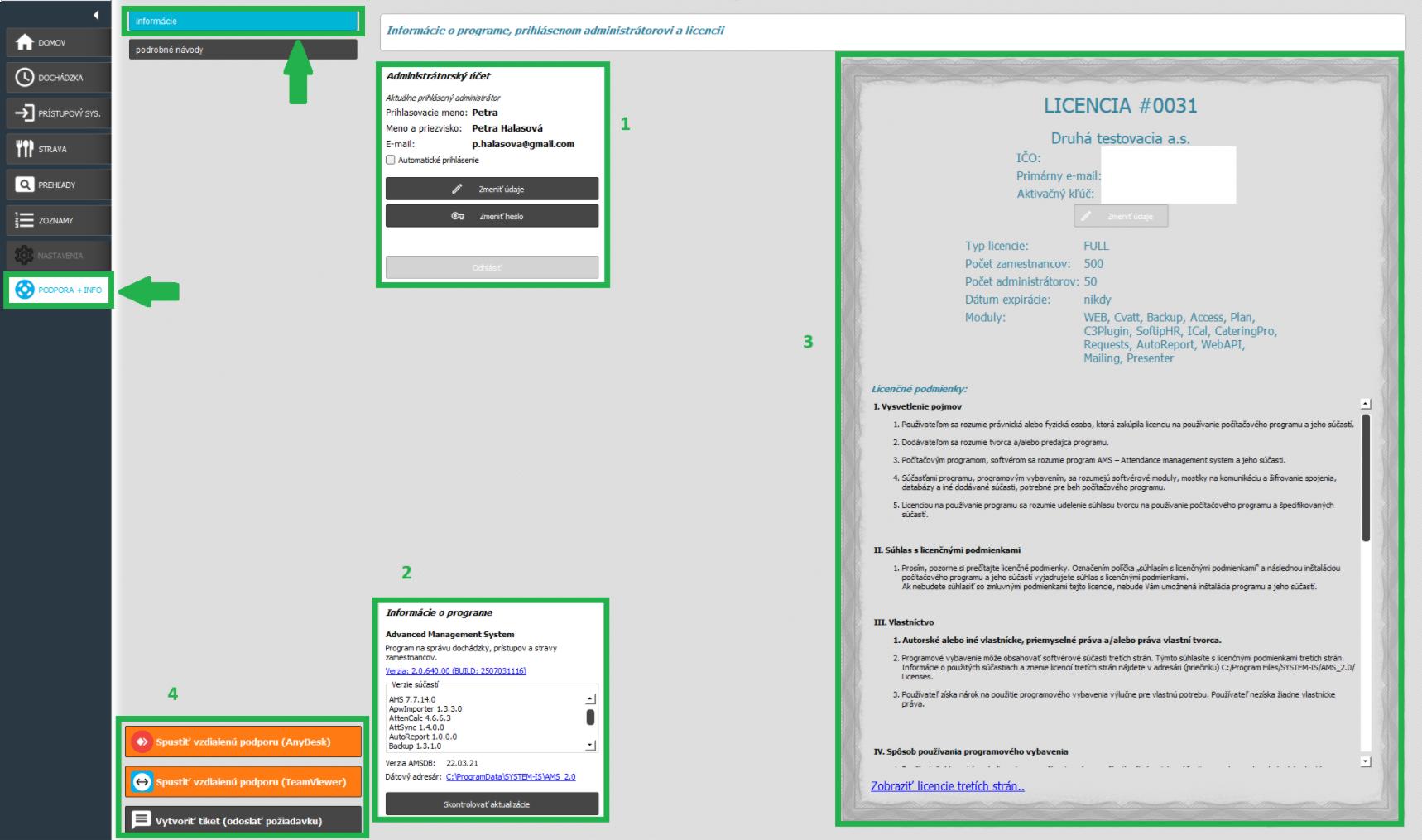 Karta Podpora + info v AMS - jednotlivé časti