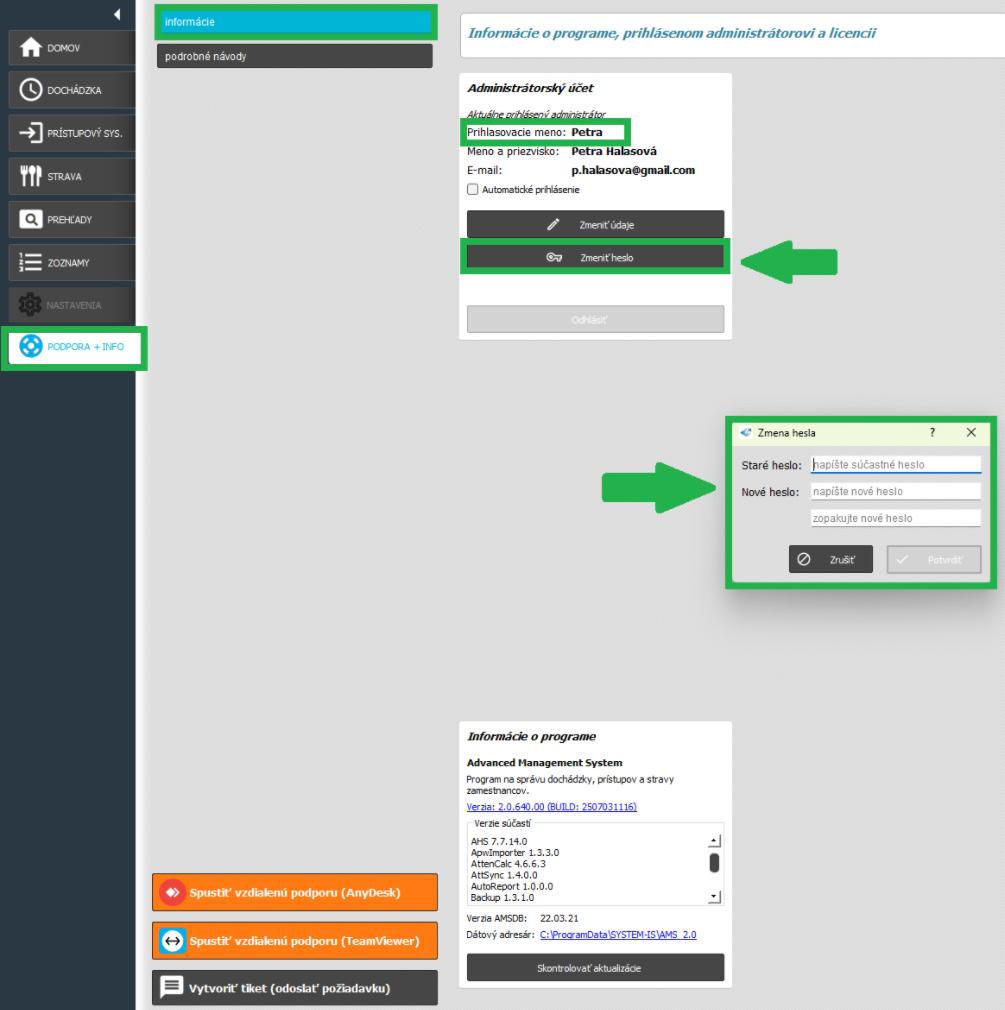 Karta Podpora + info v AMS - Administrátorský účet - zmena hesla