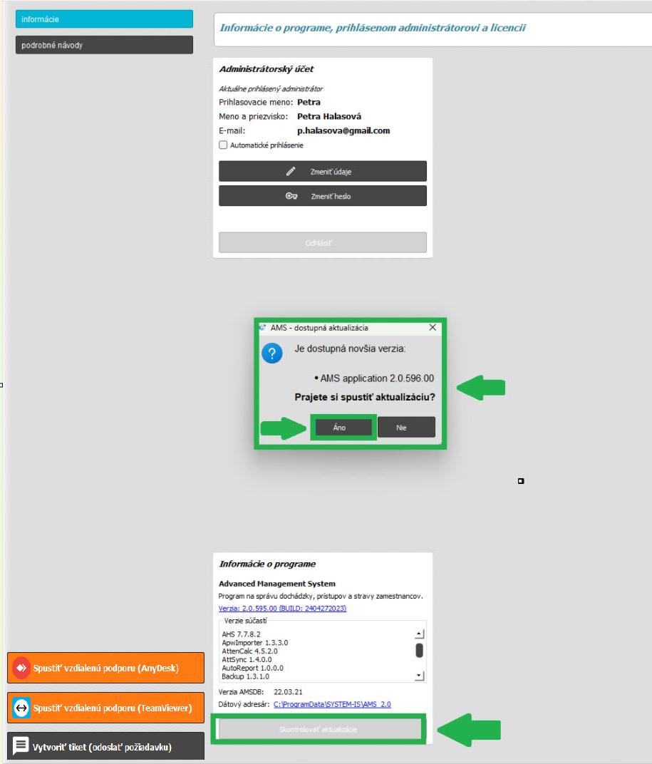 Karta Podpora a info - Informácie o programe - skontrolovať aktualizácie