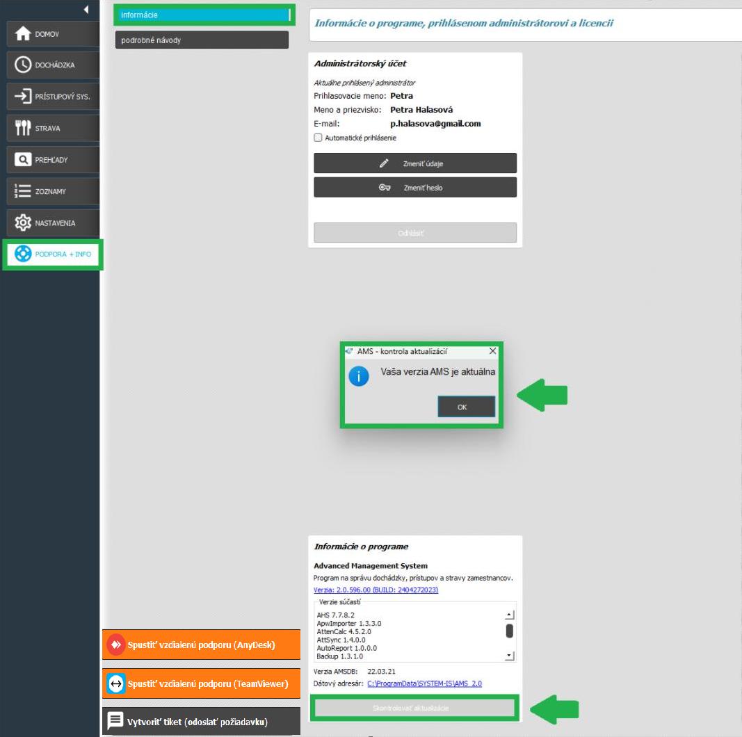 Karta Podpora a info - Informácie o programe - skontrolovať aktualizácie - aplikácia aktuálna