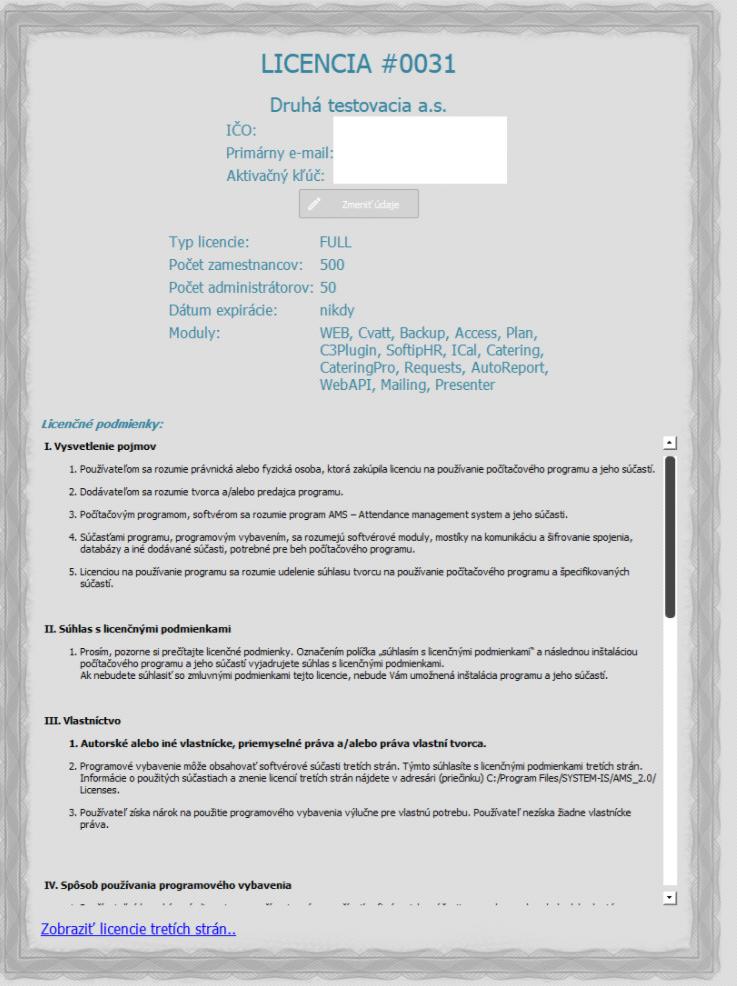 Karta Podpora a info - Informácie o programe - Informácie o licencií