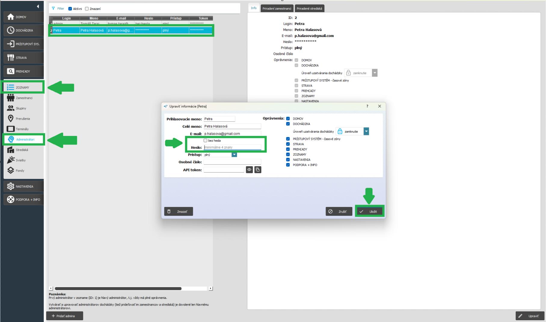 Karta Zoznamy - Administrátori - zmena hesla