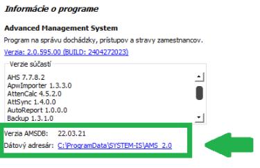 Karta Podpora a info - Informácie o programe - info o databáze
