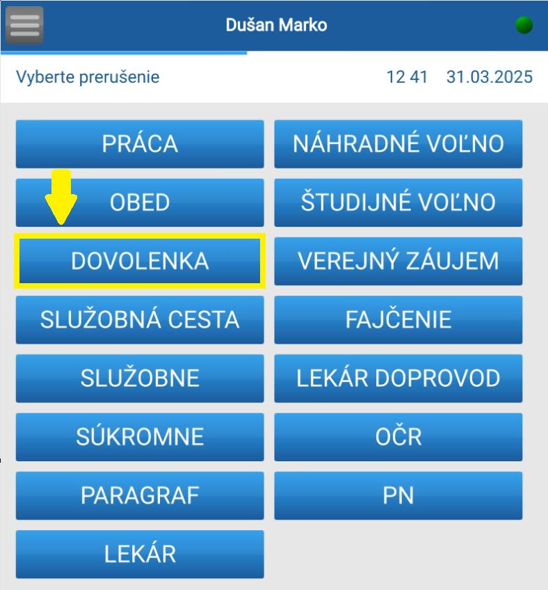 Výber prerušenia dovolenka na tablete