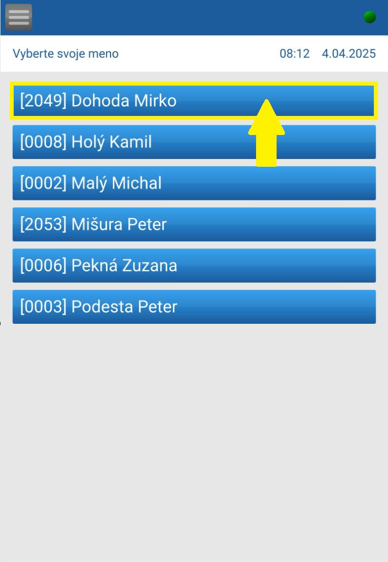 Základná obrazovka dochádzkovej aplikácie v tablete