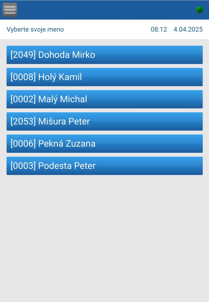 Základná obrazovka dochádzkovej aplikácie v tablete