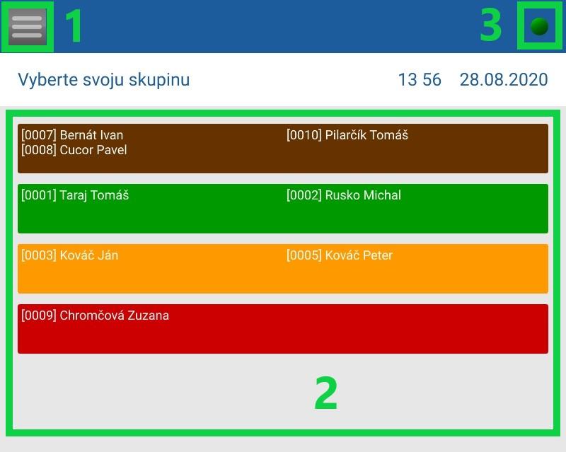 Základná obrazovka dochádzkovej aplikácie s farebnými skupinami v tablete
