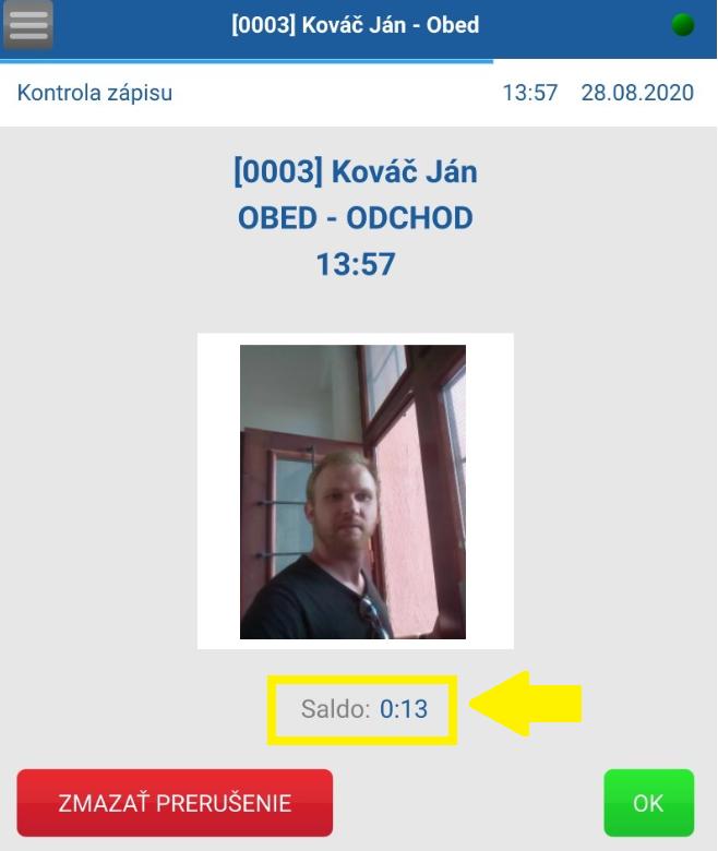 Informačné okno po zápise na tablete