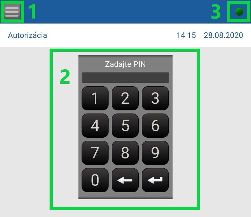 Základná obrazovka dochádzkovej aplikácie s virtuálnou klávesnicou pre zadanie PIN kódu v tablete