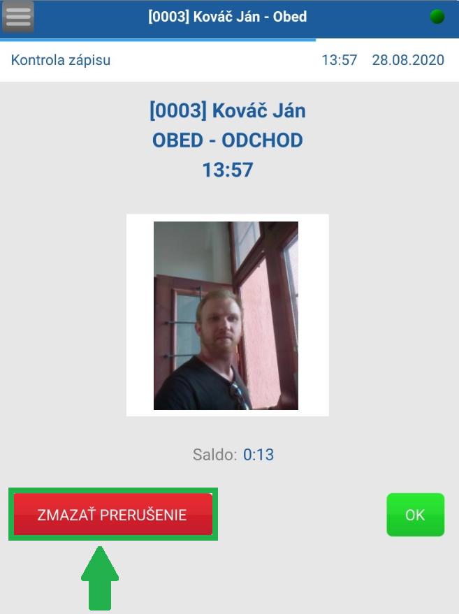 Informačné okno na tablete - zmazať prerušenie