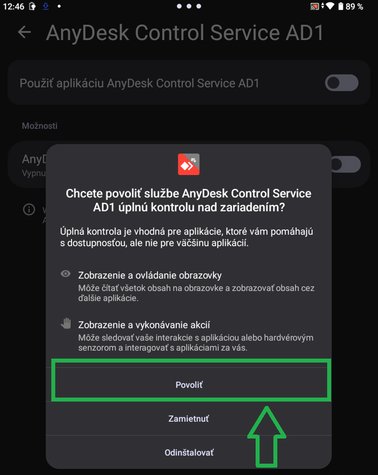 Použiť aplikáciu AnyDesk Control Servie AD1 - povoliť