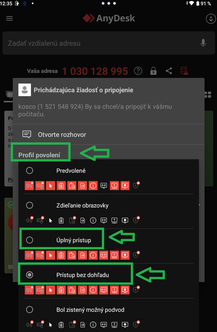 Pripojenie v Anydesk - povolenie oprávnení