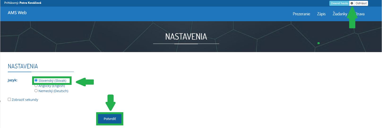 AMS WEB - prvotná zmena jazyka