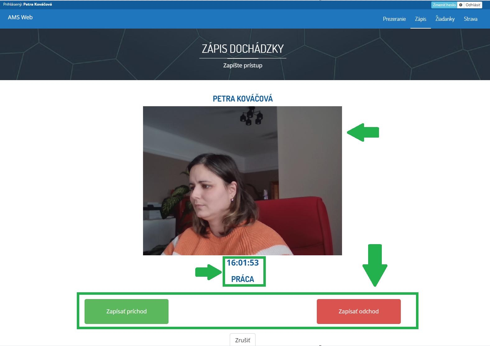 AMS WEB - Zápis dochádzky - výber prístupu
