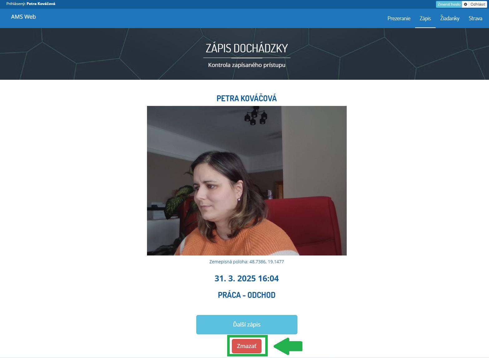 AMS WEB - Zápis dochádzky - Zmazať zápis
