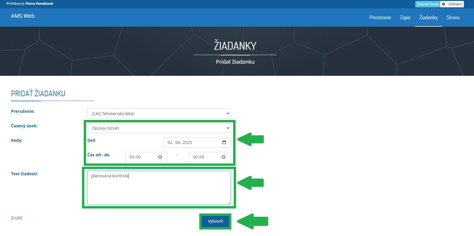 AMS WEB - ŽIadanky - vytvorenie žiadanky