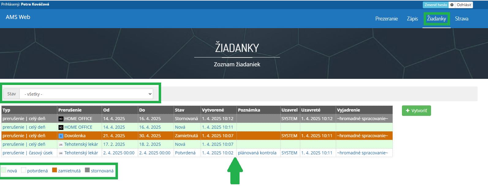 AMS WEB - ŽIadanky - zoznam, filter, legenda