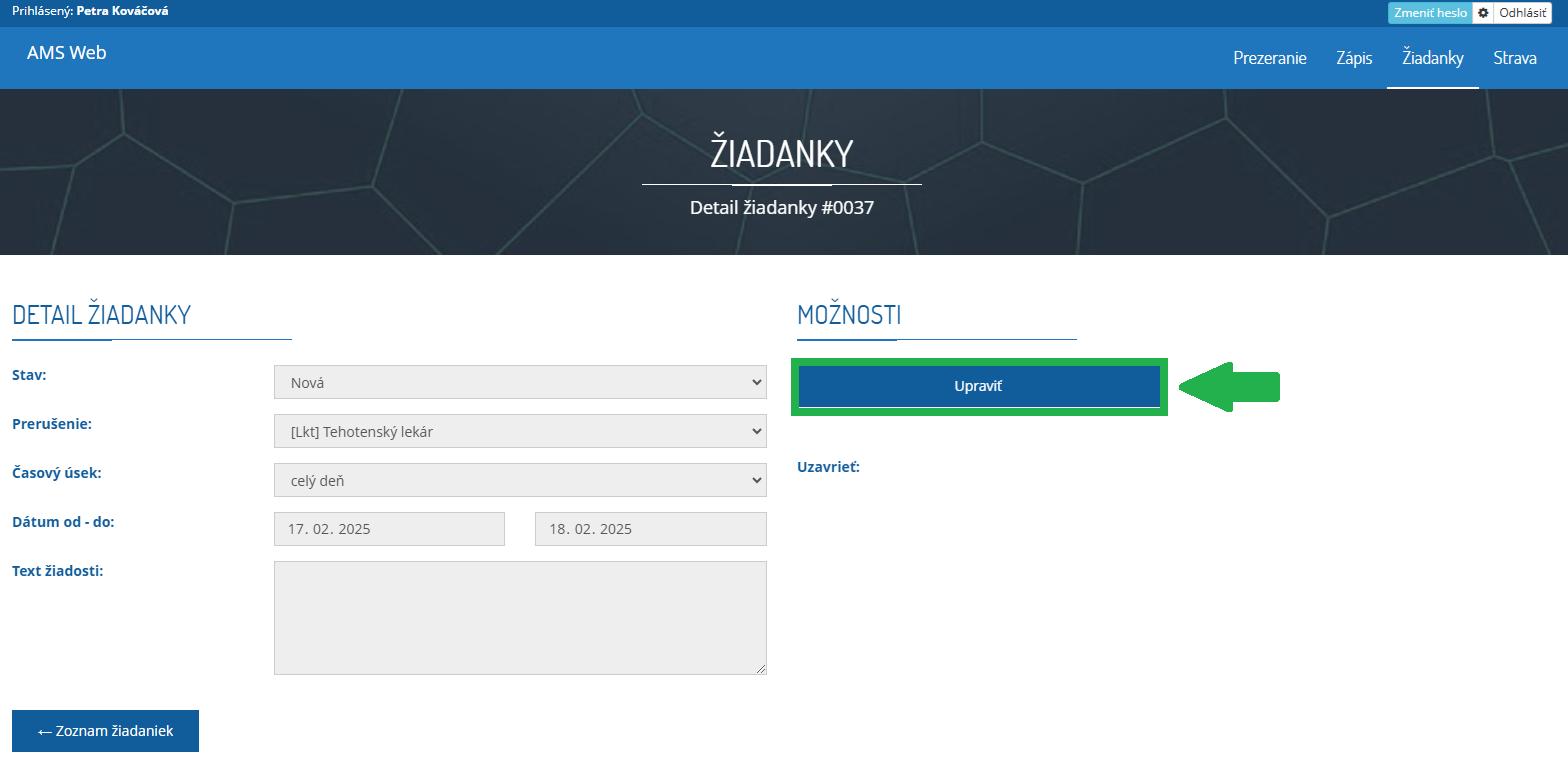 AMS WEB - ŽIadanky - úprava žiadanky