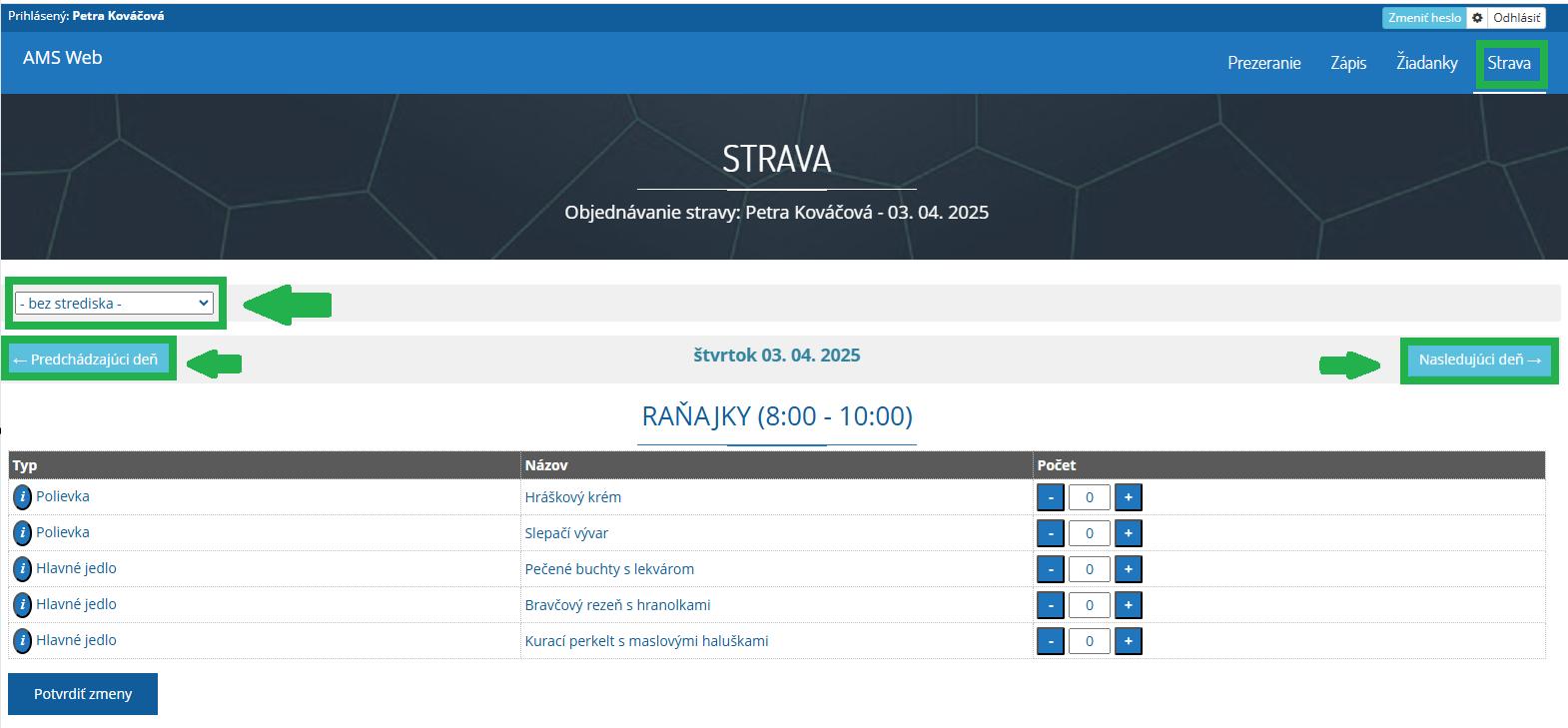 AMS WEB - Strava - tlačidlá Predchádzajúci deň a Nasledujúci deň, výber stredisk