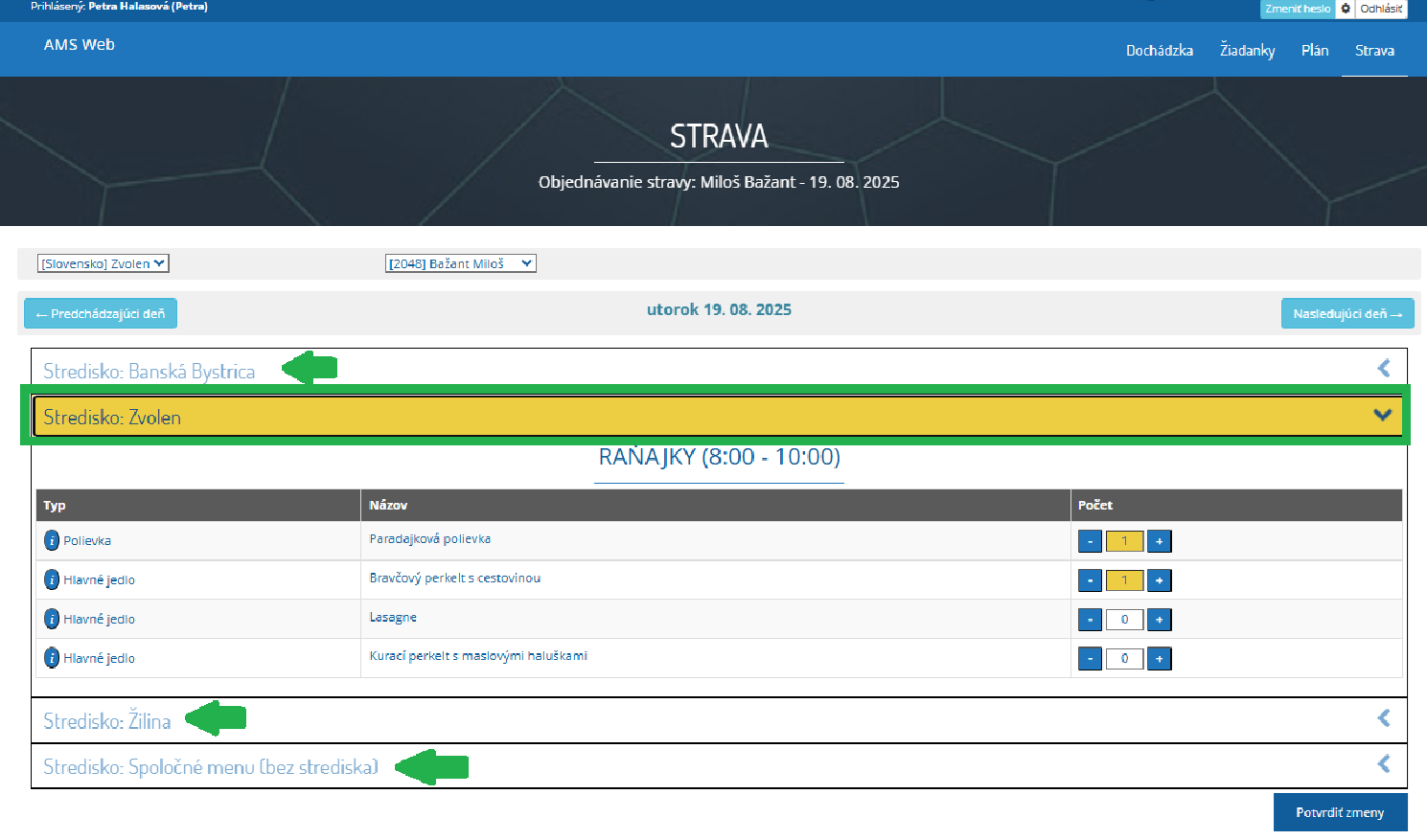 AMS WEB - Strava - objednávka - stredisko
