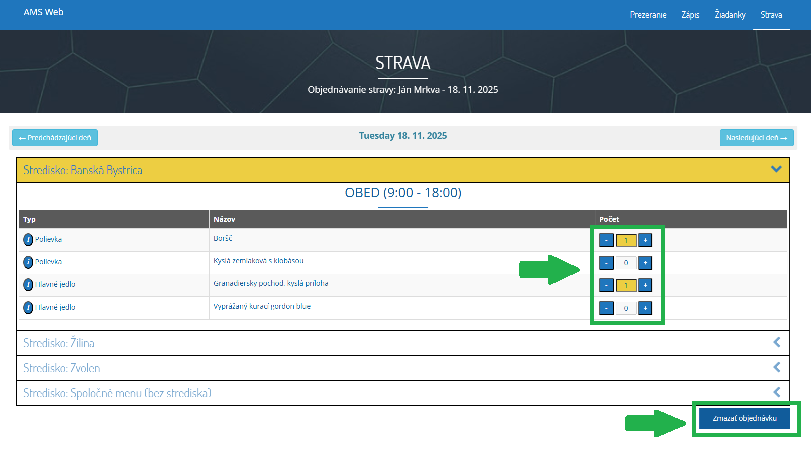 AMS WEB - Strava - vymazanie objednávky