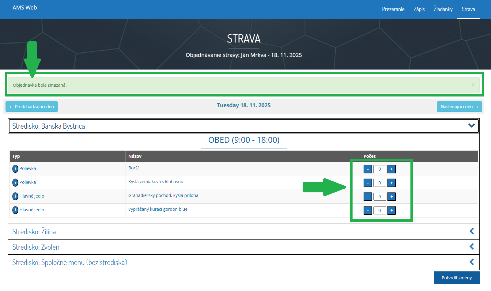AMS WEB - Strava - vymazanie objednávky - hlásenie