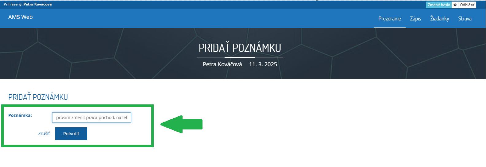 AMS WEB - detail dňa - pridať poznámku - potvrdiť