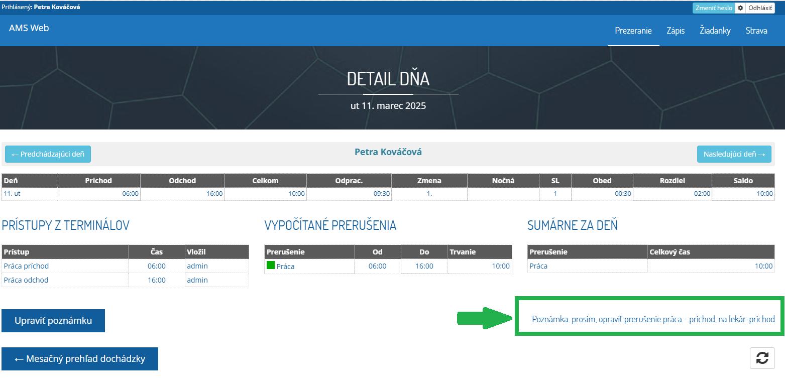 AMS WEB - detail dňa - zobrazenie poznámky