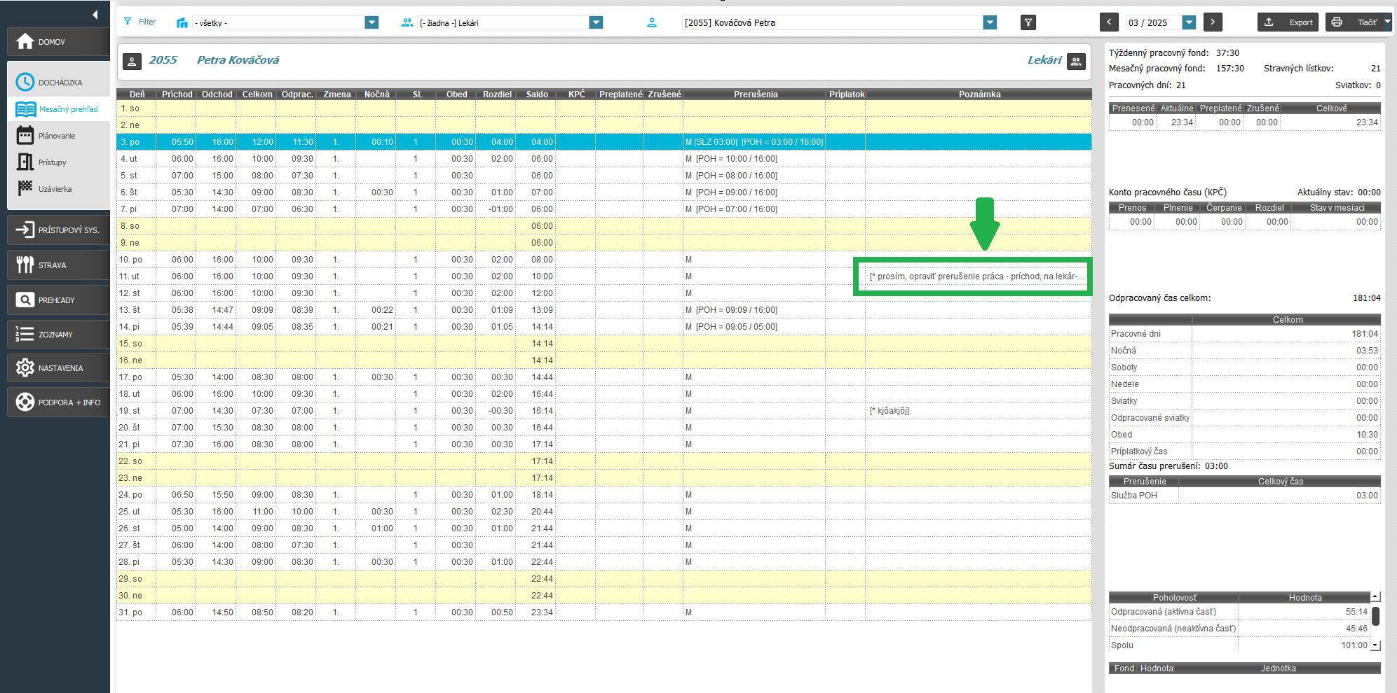 AMS aplikácia - zobrazenie poznámky v mesačnom prehľade