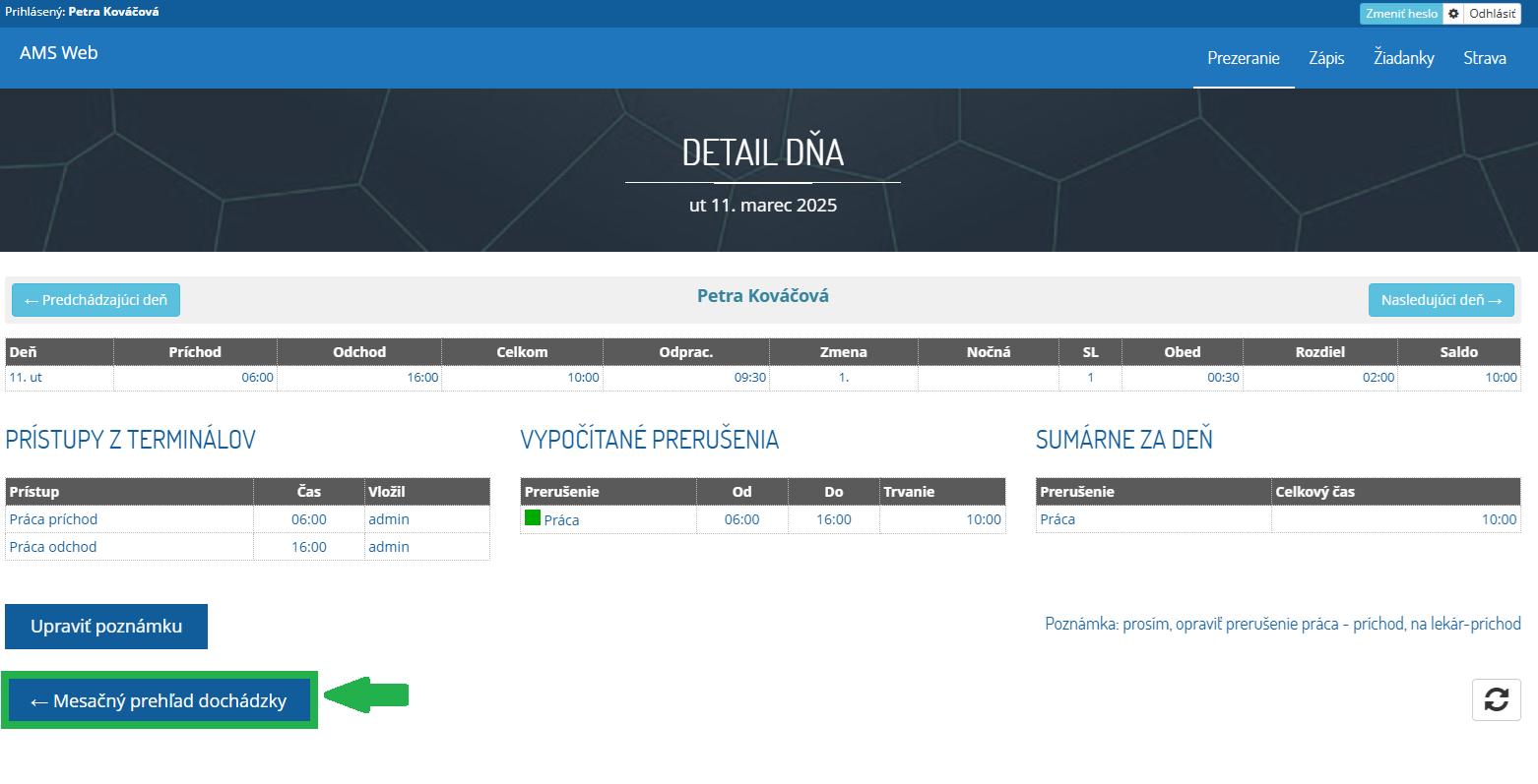Tlačidlo Mesačný prehľad v detaile dňa v AMS WEB