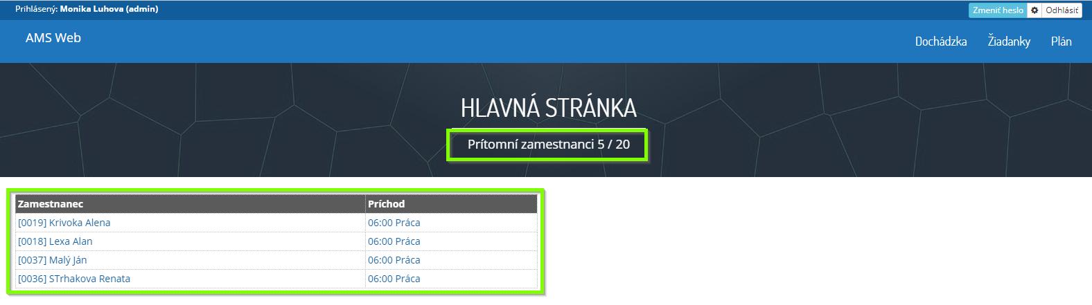 AMS WEB - základná obrazovka pre administrátorov