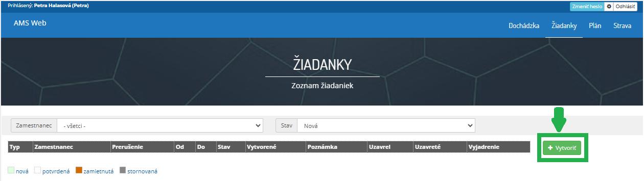 Vytvoriť žiadanku v AMS WEB