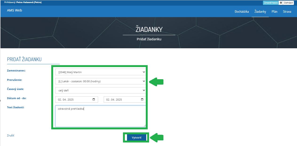 Vytvoriť žiadanku v AMS WEB