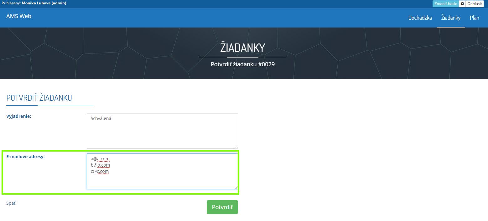 Dodatočné e-mailové adresy v žiadanke v AMS WEB