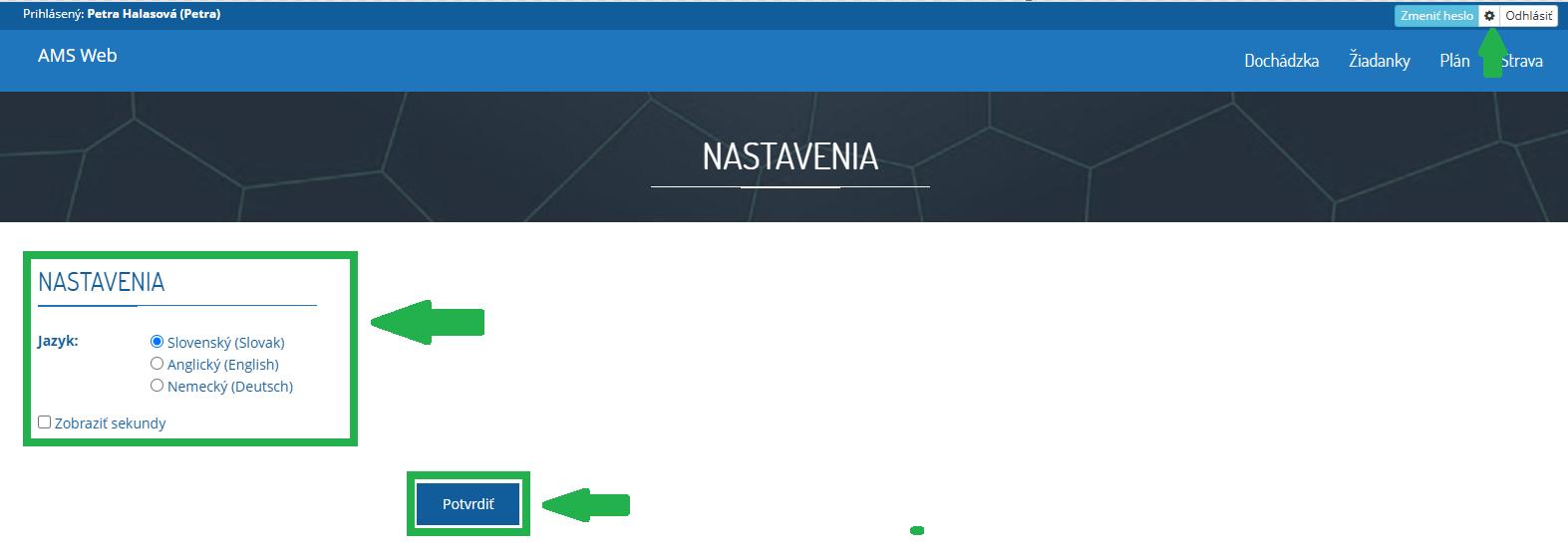 AMS WEB - prvotná zmena jazyka