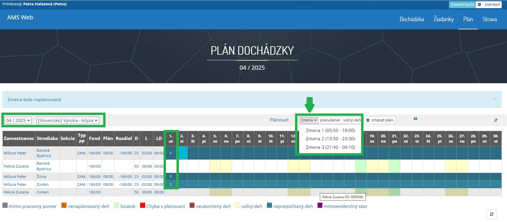 Plánovanie zmeny v AMS WEB