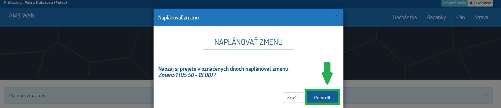 Plánovanie zmeny v AMS WEB - potvrdenie