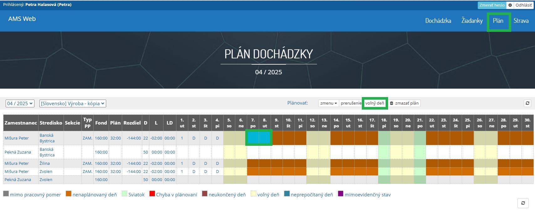 Plánovanie voľného dňa v AMS WEB