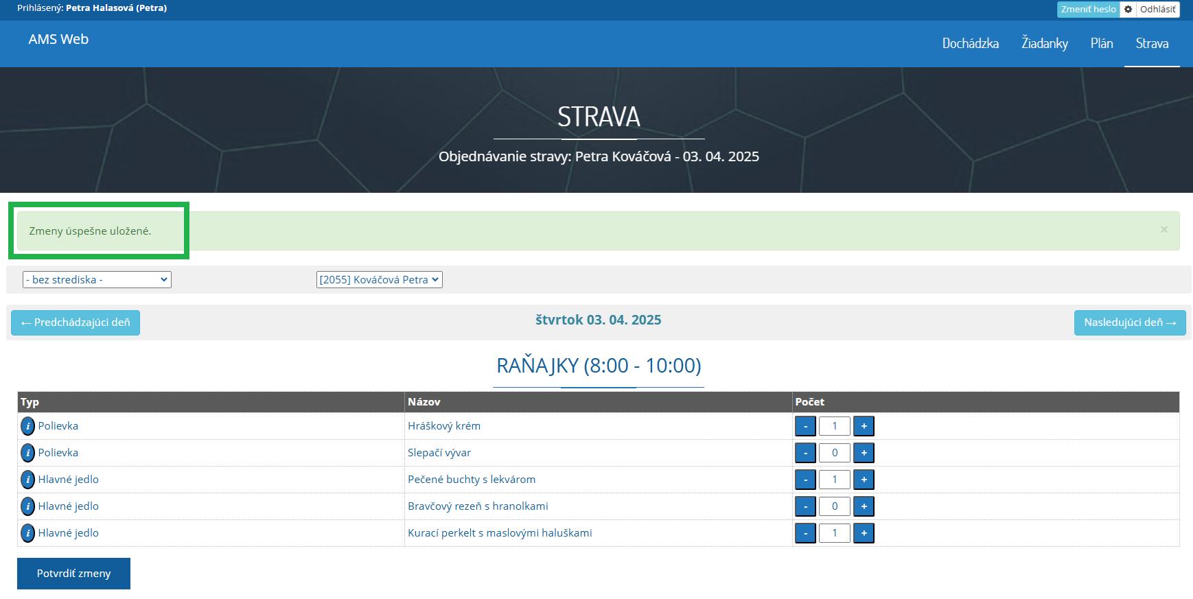 Strava v AMS WEB - pridanie a odobranie jedál z objednávky adminom - hlásenie