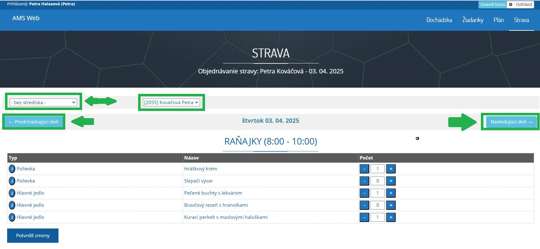 Strava v AMS WEB - voľba strediska, zobrazenie stavy v iných dňoch
