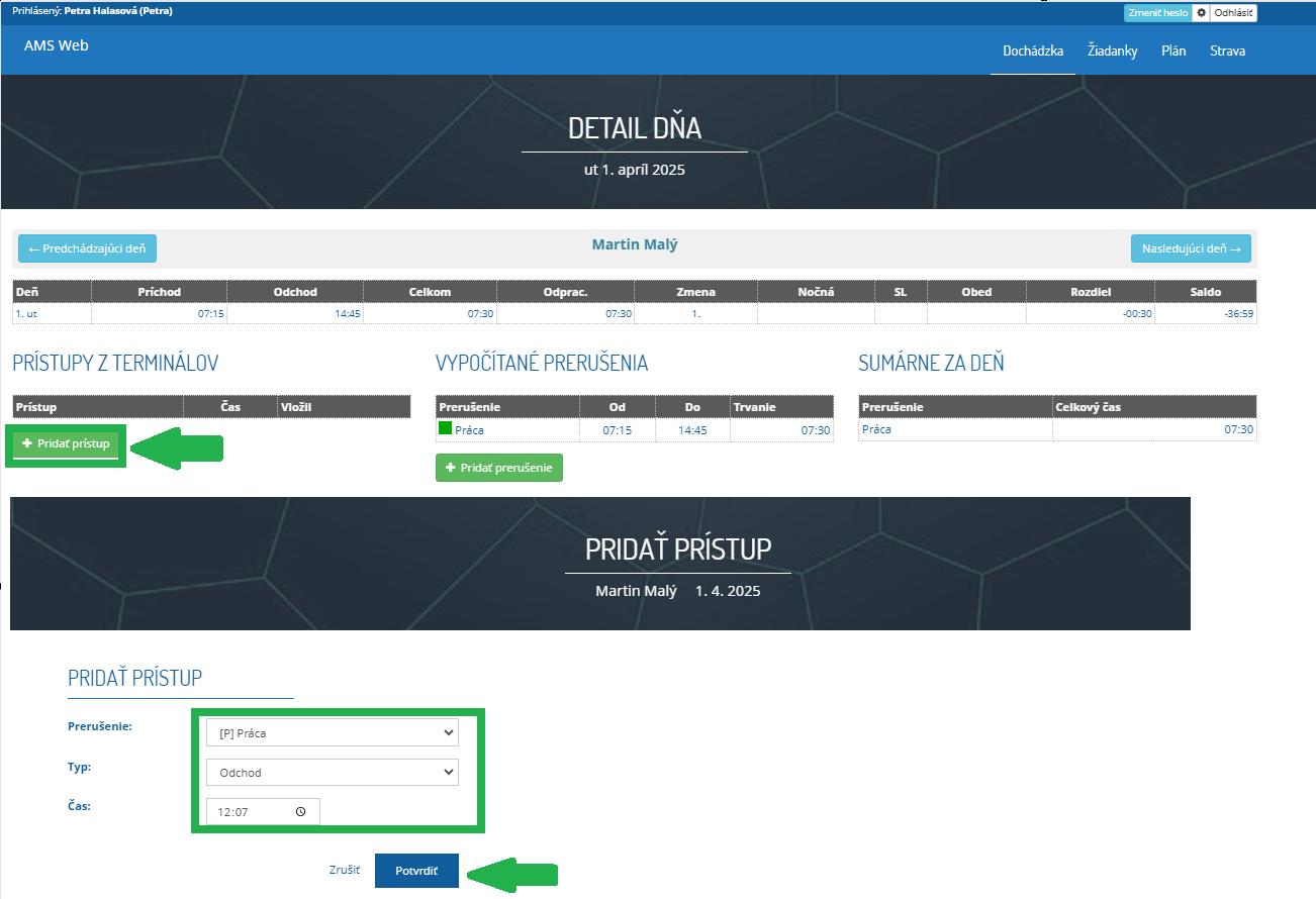 AMS WEB - mesačný prehľad - detail dňa - pridať prístup