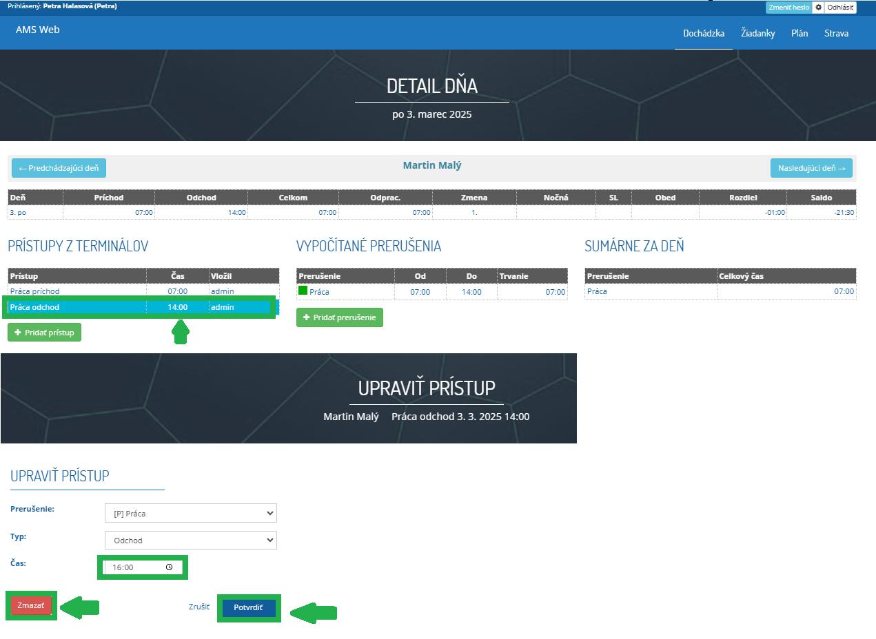 AMS WEB - mesačný prehľad - detail dňa - upraviť/zmazať prístup