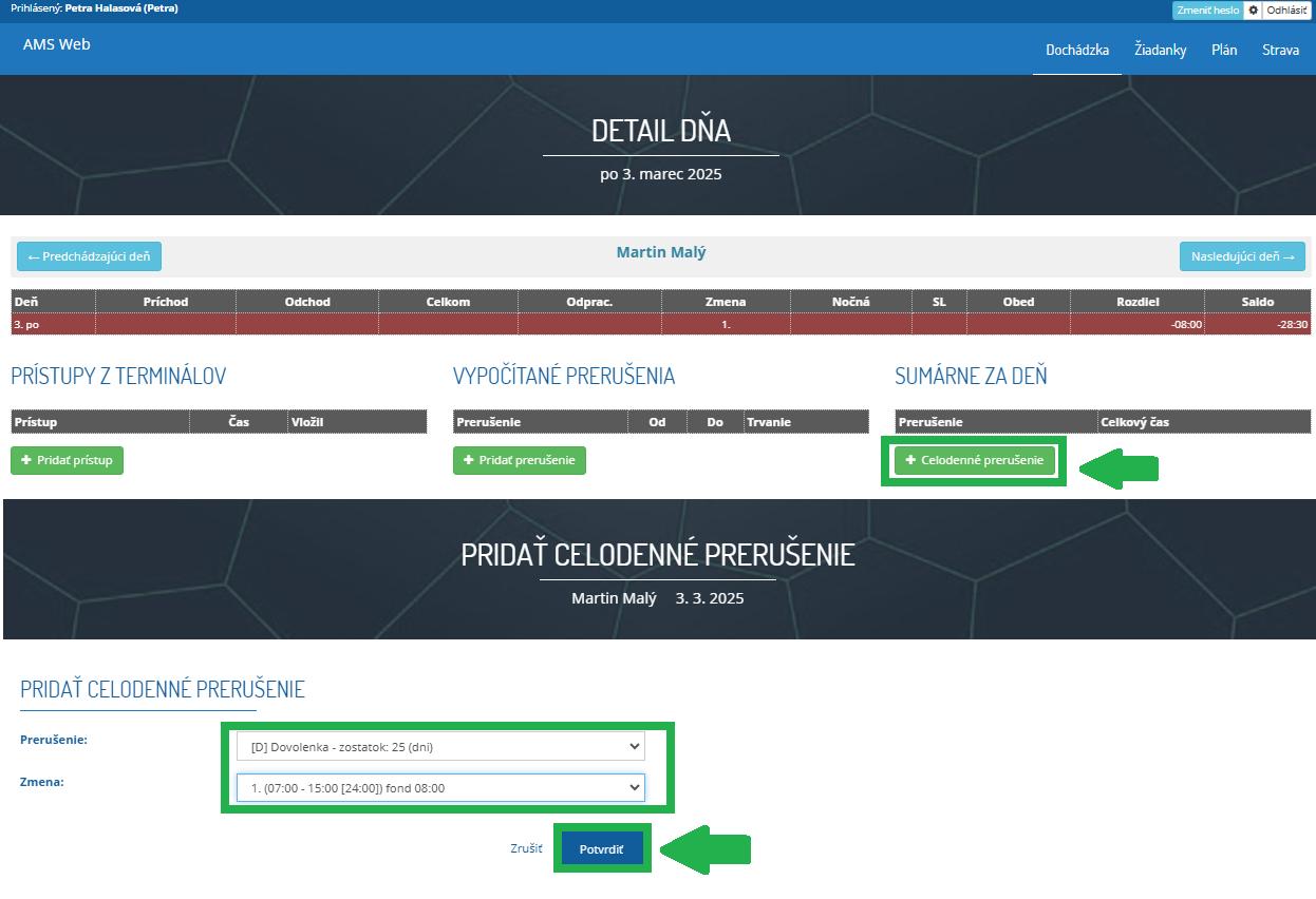 AMS WEB - mesačný prehľad - detail dňa - vložiť celodenné prerušenie