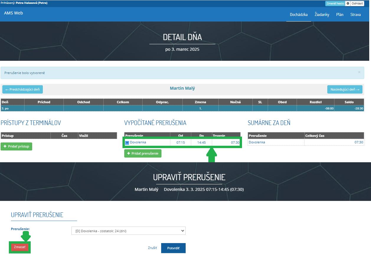 AMS WEB - mesačný prehľad - detail dňa - vymazať prerušenie